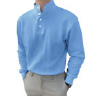 Men Button High Neck Stand Collar Solid Blouse Long Sleeve Top Cotton Shirt Au ~