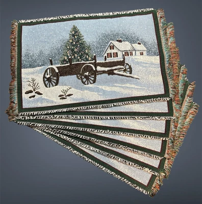 6 个 Placemats 冬季场景挂毯外观雪车圣诞树 21 英寸 X 12.75 — 第 1/4 张图片