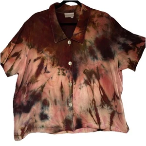 Coldwater Creek Bluse 2X Batik Knopfleiste V-Ausschnitt Kurzarm Boho Fun Cool - Bild 1 von 13