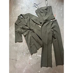 90s Y2K Three Piece Vintage Suit, Pants Top, Jacket, Olive Green - Picture 1 of 8