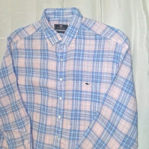 Vineyard Vines Classic Fit Tucker Hemd Herren XL blau rosa kariert 100% Leinen - Bild 1 von 13