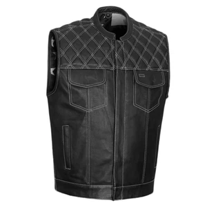 Men’s Black Leather Biker Vest – Quilted Shoulder & USA Flag Lining | Club Wear - Picture 1 of 7
