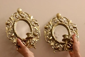 Pair of Antique French Brass Sconces with Mirror - Picture 1 of 10