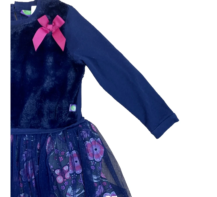 Dollie &Me Dress Girls Pink Faux Fur Tulle Floral Bow Long Slve(NAVY BLUE, 7)NWT - Image 1 of 3