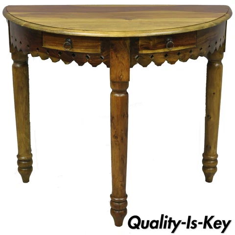 Teak Mediterranean Spanish Style Half Round Gothic Demilune Console Hall Table B Cover