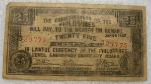 Papel moneda Filipinas 1942 25 centavos, dinero de emergencia - Imagen 1 de 2