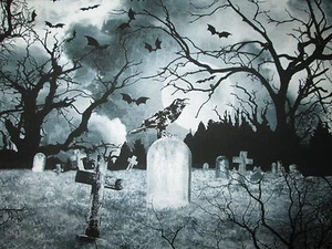 BATS CROWS GRAVE YARD HEAD STONE BAT SPOOKY BLACK WHITE GRAY COTTON FABRIC FQ - Picture 1 of 7