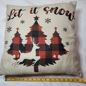 Festive "Let It Snow" Pillow With Reindeer & Plaid Christmas Tree Design - Picture 1 of 4