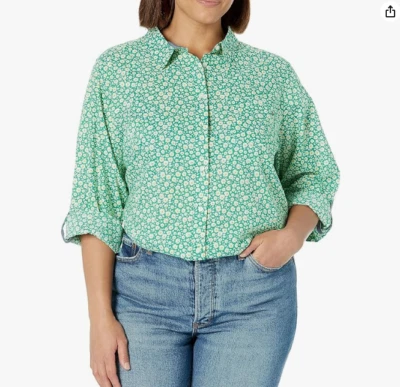 Tommy Hilfiger women's roll Sleeve Cotton Heritage Shirt top -size 1X -Green - Image 1 of 4