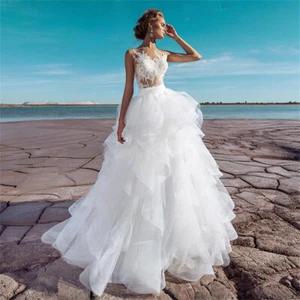 Sexy A-Line Wedding Dresses O-Neck Sleeveless Layered Pleated Tulle Bridal Gowns - Picture 1 of 8