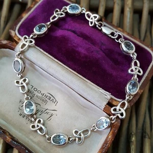 Vintage 925 Sterling Silber Armband, keltisches Armband, Blautopas Armband, 7,4" - Bild 1 von 7