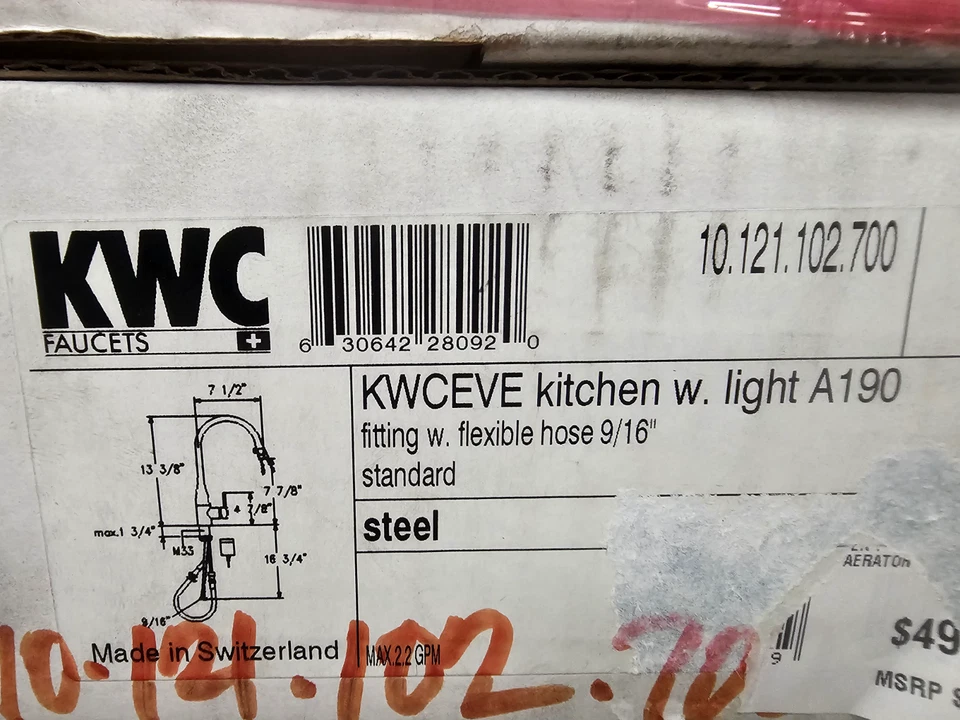 "Cocina 10.121.102.700 KWCEVE W. luz A190 accesorio con manguera flexible acero 9/16"""  Foto 1 de 1