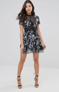 Anthropologie Foxiedox Pleated Chiffon Lace Floral Mini Dress Navy Medium NWT - Picture 1 of 9