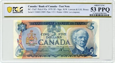 1979 $5 "33" TEST NOTE - Bank of Canada, BC-53aT - PCGS About UNC 53 PPQ, Rare - Image 1 of 2