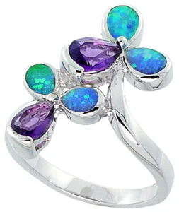 Anillo floral fino para mujer enchapado en rodio con incrustación de ópalo simulado 17 mm - Imagen 1 de 1