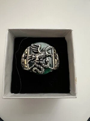925 Sterling Silver Men’s Green Onyx Eagle Snake Ring New Size 10.75 - Image 1 of 4