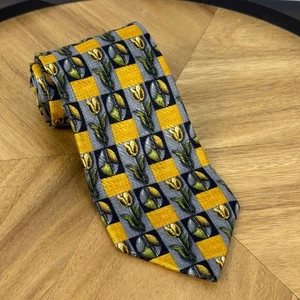 Ermenegildo Zegna Silk Necktie Mens Yellow Floral Check Pattern Designer Tie - Picture 1 of 3