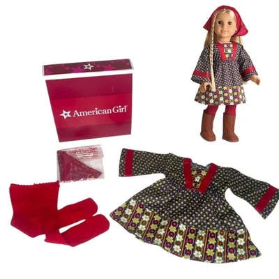 American Girl Doll Julie Calico Dress Red Tights Scarf Bandana Kerchief Set Box - Image 1 of 4