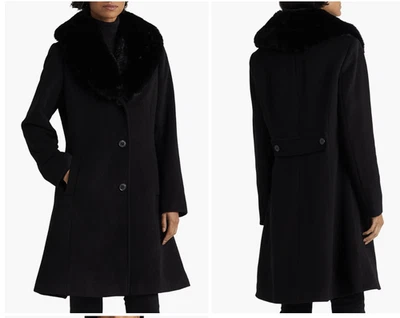 Nuevo Abrigo Ralph Lauren Para Mujer Piel Sintética Chal Cuello Negro Mezcla Lana Talla 14 Foto 1 de 4