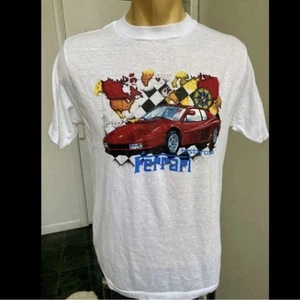 VINTAGE 1980s RED FERRARI TESTAROSSA SPORTS RACE CAR TSHIRT WHITE KNIT LARGE L - Picture 1 of 6