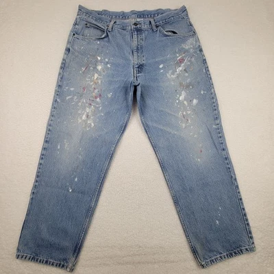 Pantalones de mezclilla Brittania para hombre 38x29 pintura azul salpicaduras calce relajado desgastados años 90 Foto 1 de 4