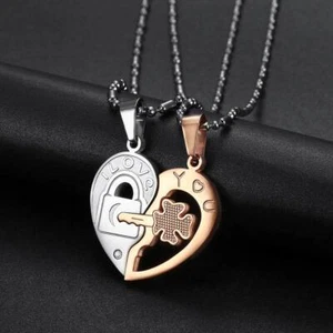 Couple Necklace Set Matching Love Heart Pendant I Love You  His & Hers Necklaces - Picture 1 of 15