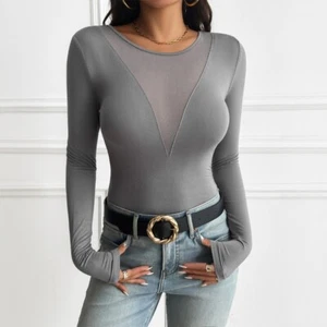 Lady Mesh Crew V-neck Sheer T-shirt Top Long Sleeve Stretch Slim Casual Sexy New - Picture 1 of 23