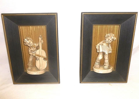 Vintage Shadow Box Wall Art Plaques Hangings Mid Century Pair Boy Music Musician Cover