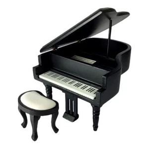 Dolls House Grand Piano & Bench Miniature 1:12 Scale Music Room Furniture Black - Picture 1 of 10