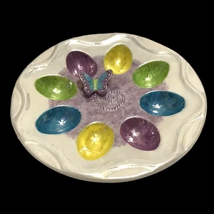 Deviled Egg Easter Egg Plate Butterfly Colorful Dish Ceramic Lusterware - Picture 1 of 4