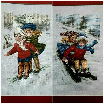 Cross Stitch Pattern CHILDREN PLAYING In The SNOW Boy Girl Sled Winter 2 Design - Image 1 of 4