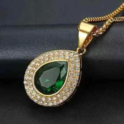3.40Ct Pear Cut Natural Emerald Women's Halo Pendant 14K Yellow Gold Plated - Image 1 of 4