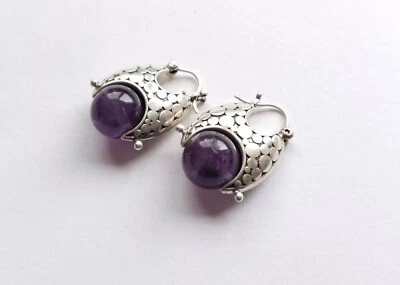 Балийский серебро подлинный фиолетовый аметист серьги-кольца / 1,1 дюйма - Изображение 1 из 4