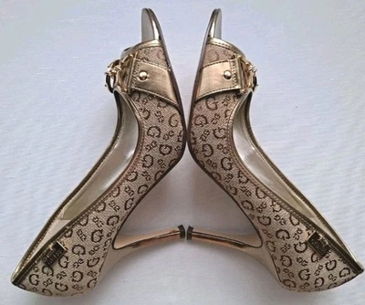 Y2K GUESS WGRobin Tan Canvas Logo Gold Chain Open Toe Stiletto Heels Women's 10M - Image 1 of 2
