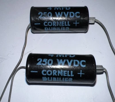 Cornell Dubilier Axial Lead 4 uF 250V Electrolytic Capacitors 85° Qty 2 NOS