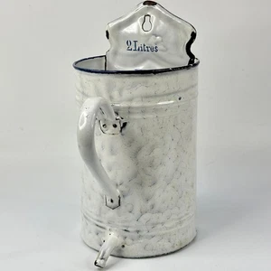 Vintage French Kitchen Blue & White Marbled Enamel Irrigator Jug Pitcher - Picture 1 of 19