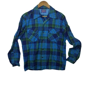 Camisa Pendleton Vintage Azul A Cuadros Lana Cuello Lazo Solapa Bolsillo Tablero - Imagen 1 de 24