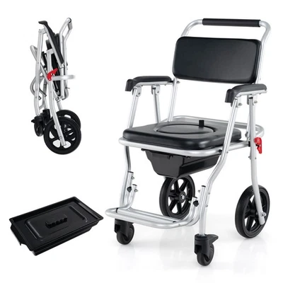 4-in-1 Bedside Commode Chair w/ Brakes Bucket Footrest Padded Seat & Backrest - Image 1 of 4