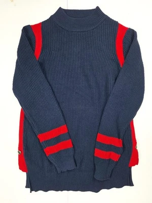 Suéter Pullover Para Mujer Ellos Azul Marino y Rojo Rayas Botón Lateral Cuello Simulado Talla S Foto 1 de 4
