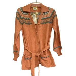 Vintage Kmart Womens Button Up Orange Knit Fair Isle Belted Cardigan NWT - Picture 1 of 11