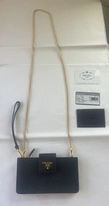 Neu PRADA Saffiano schwarz Leder große Geldbörse Handy Crossbody Gold Kette Tasche - Bild 1 von 16