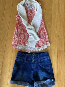 Kohl’s SO Girls 14 Jean Denim Shorts & Coral Sleeveless Top Outfit Set Lot - Picture 1 of 5