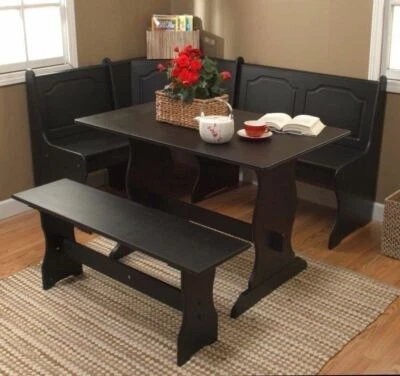 3 pc Black Wooden Breakfast Nook Dining Set Corner Booth Bench Kitchen Table - Image 1 of 4
