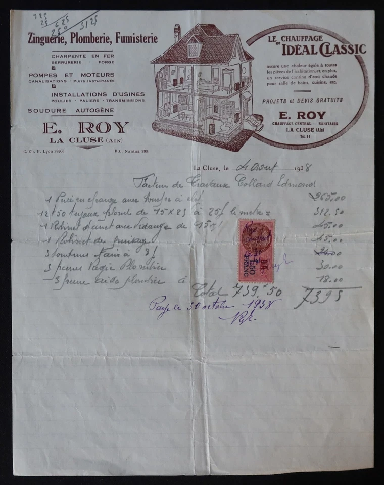 Facture LA CLUSE Ain 1938 Chauffage ROY zinguerie entête billhead 138 - Imagen 1 de 1