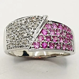 Fancy Zigzag 9ct Pink Sapphire & Diamond Wide Band Yellow Gold 375 Ring Size N - Picture 1 of 23