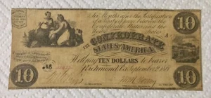 1861 $10 Condeferate States of America Note in Good Circulated Condition - Picture 1 of 2