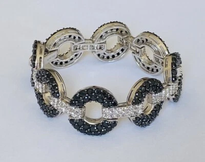 Designer Sterling Silver Black Spinel and White Topaz Circle Link Bracelet - Image 1 of 4