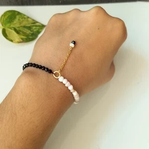 Bracciale perle catena oro opale rosa naturale spinello nero per regalo gioielli - Foto 1 di 2