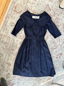 Suzy Perette 1960s Vintage Dark Navy Blue Midi Dress With Collar - Picture 1 of 14