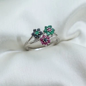 Natural Red Ruby Green Emerald & Blue Sapphire Ring, 925 Sterling Silver Layered - Picture 1 of 5